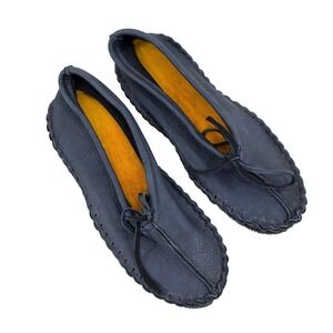 Handcrafted‎ Deerskin Genuine Leather Ballerina Slippers 7 Blue Moccasin